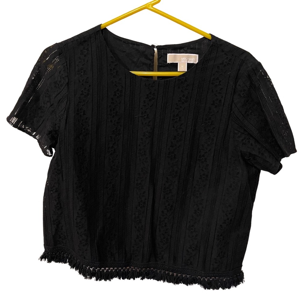 Michael Kors Black Lace Fringe Short Sleeve Top • Size Medium • LIKE NEW - Picture 5 of 9